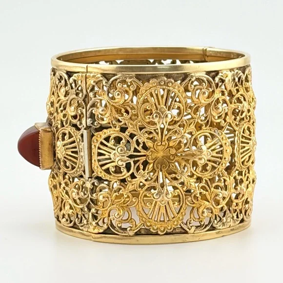 RARE Vintage Napier Gold Plated Brass Filigree Cuff With Carnelian Cabochons. - Picture 4 of 13